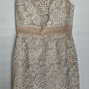 Luxology Strapless Floral Lace Dress in Cream and Tan